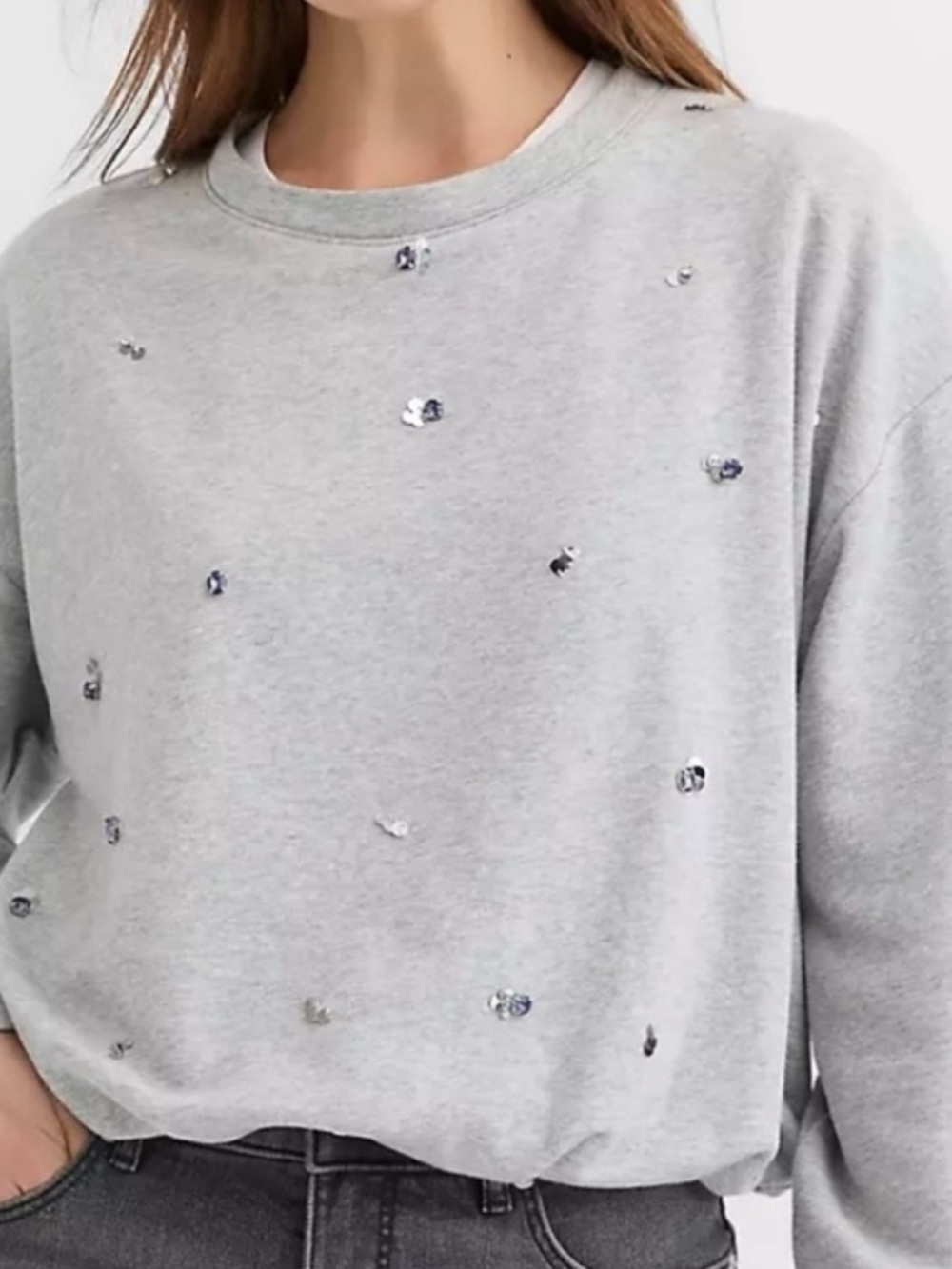 Embellished Gray Crewneck Sweatshirt Sequin Rhinestone Pullover XL